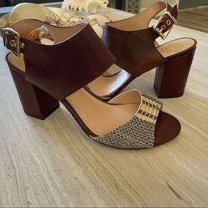 Vince Camino, gorgeous heeled sandal strap with Gold accents!